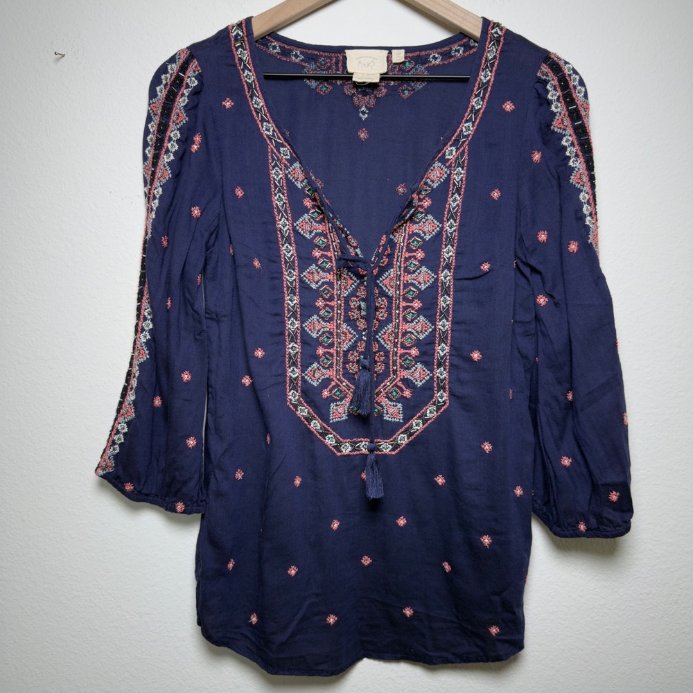 Anthropologie Vanessa Virginia Women‎ Top 4 Blue Embroidered Beaded Tassel Boho